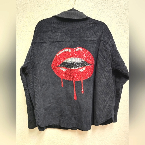 Fantastic Fawn Black Corduroy Jacket with Red Sequins Lip Design Size Medium - Picture 2 of 8